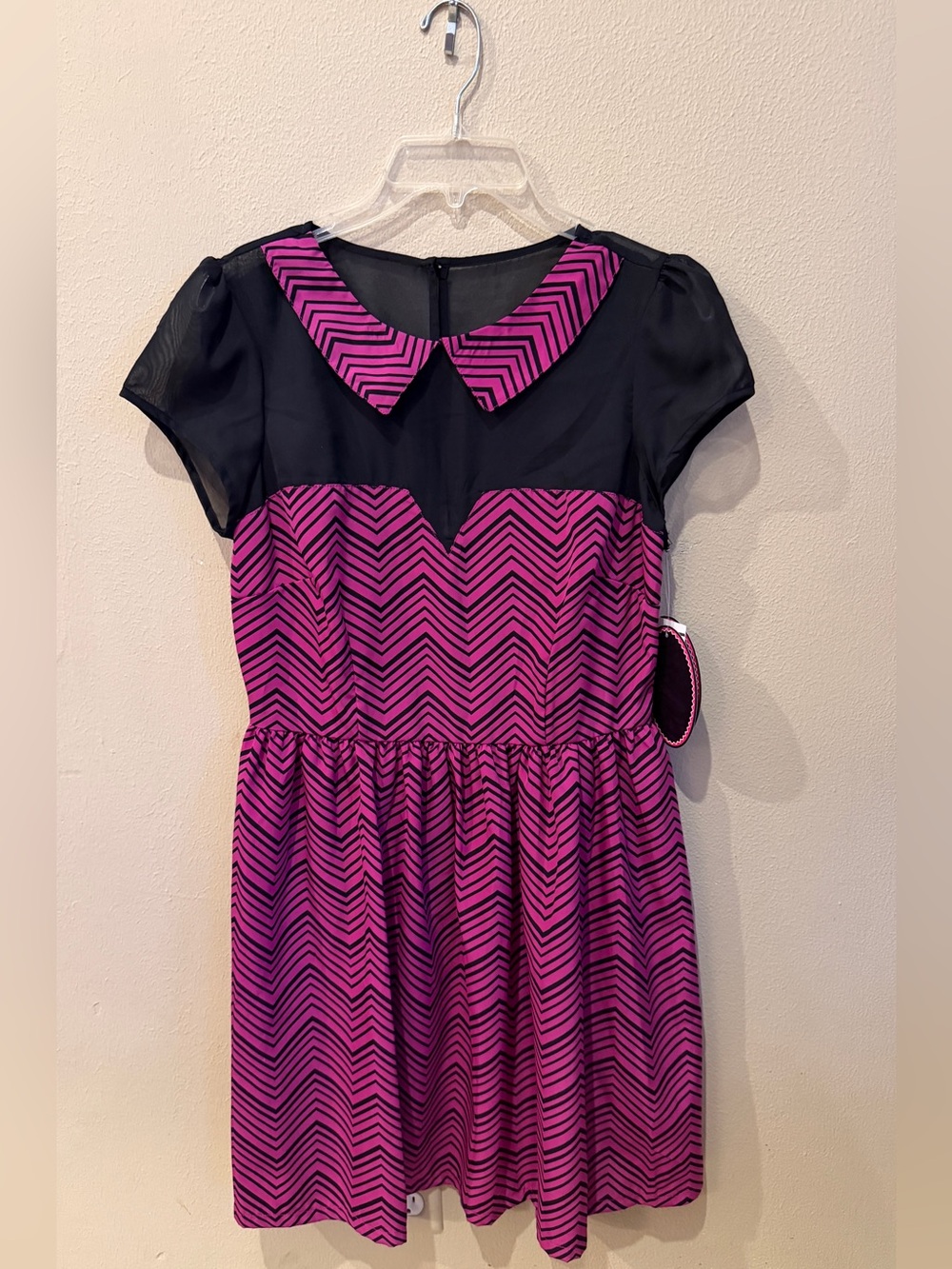 Paper Doll Pink Black Chevron Print Dress Size 13 Peter Pan Collar Sheer Yoke